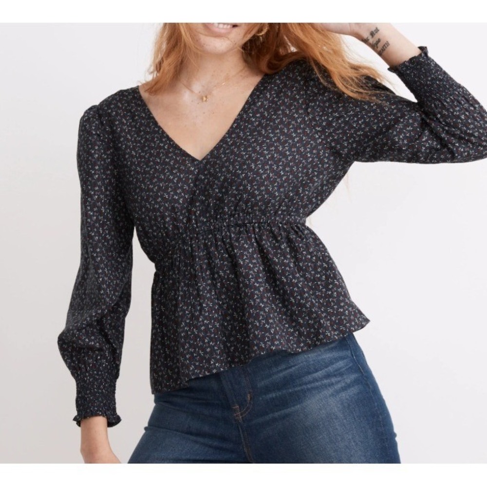 Madewell Womens Tie-Back‎ Peplum Top Size XL Campden Daises Deep Indigo Cotton